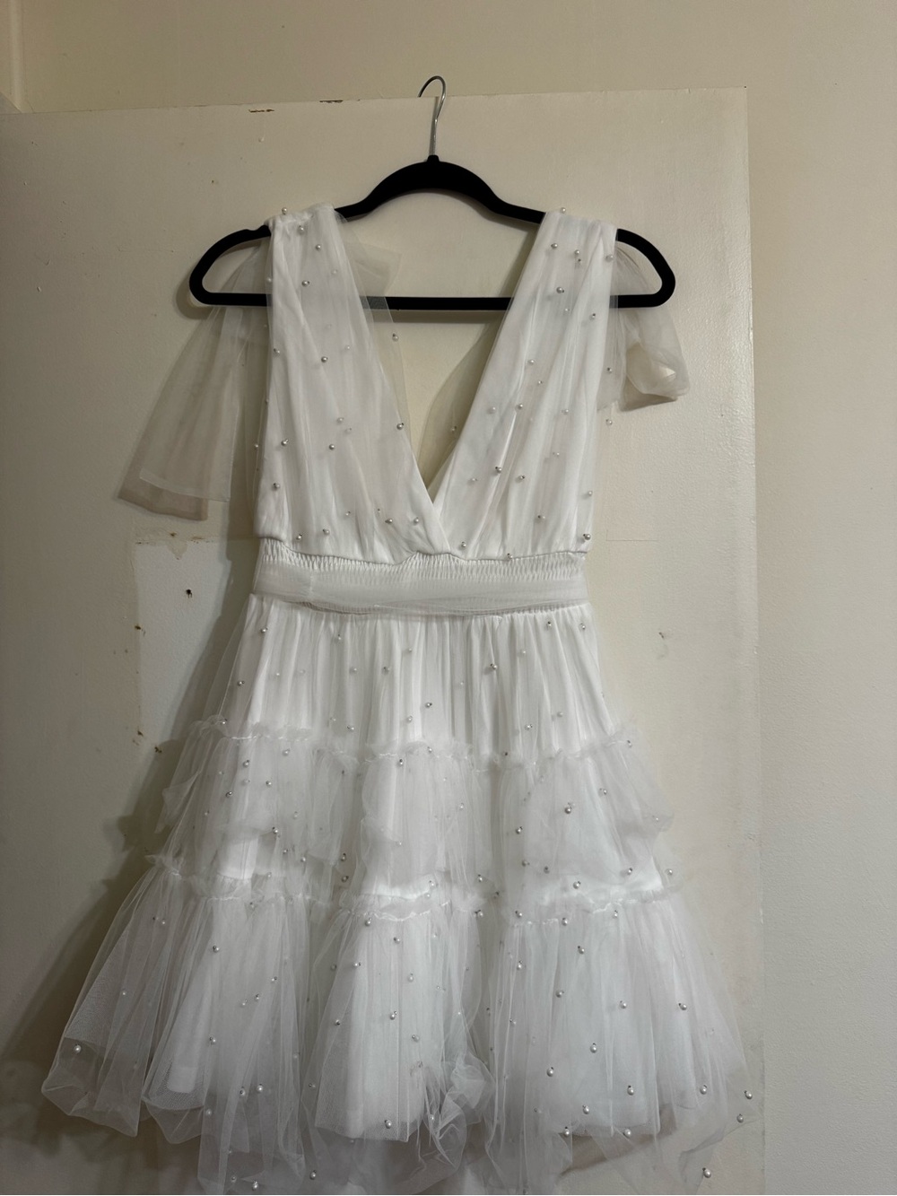White Beaded Tulle V-Neck Wedding Dress